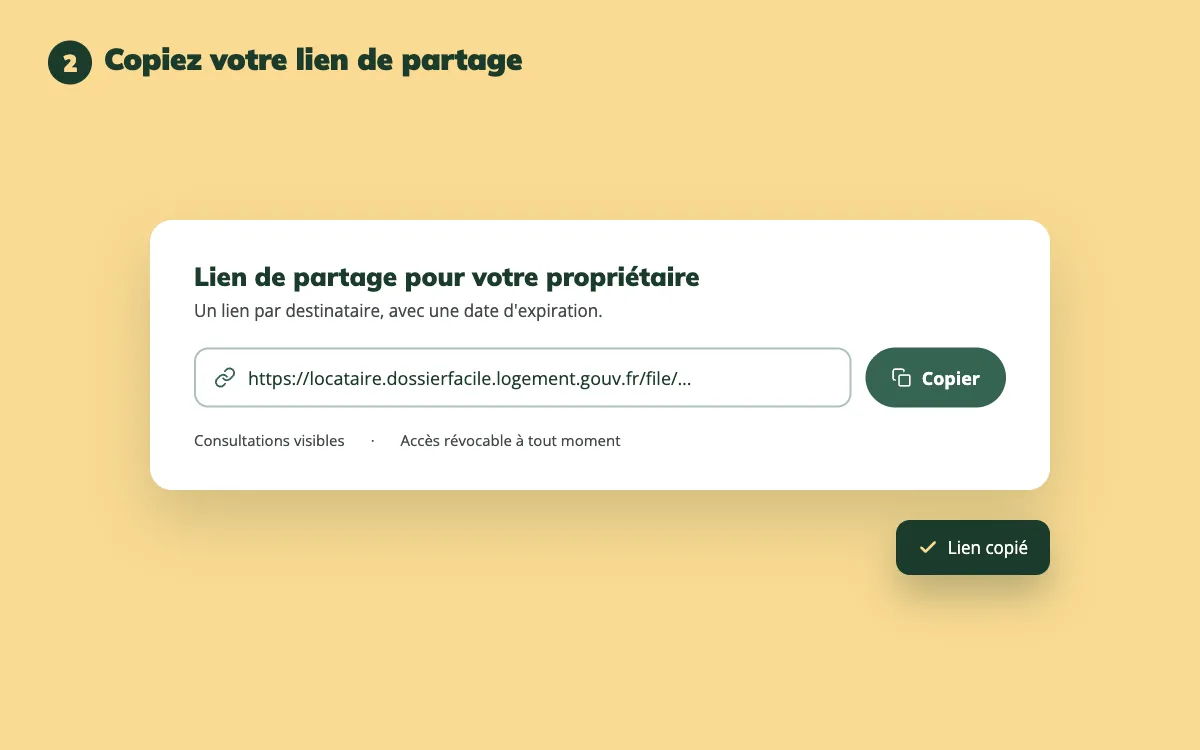 Illustration : un lien de partage DossierFacile prêt à être copié