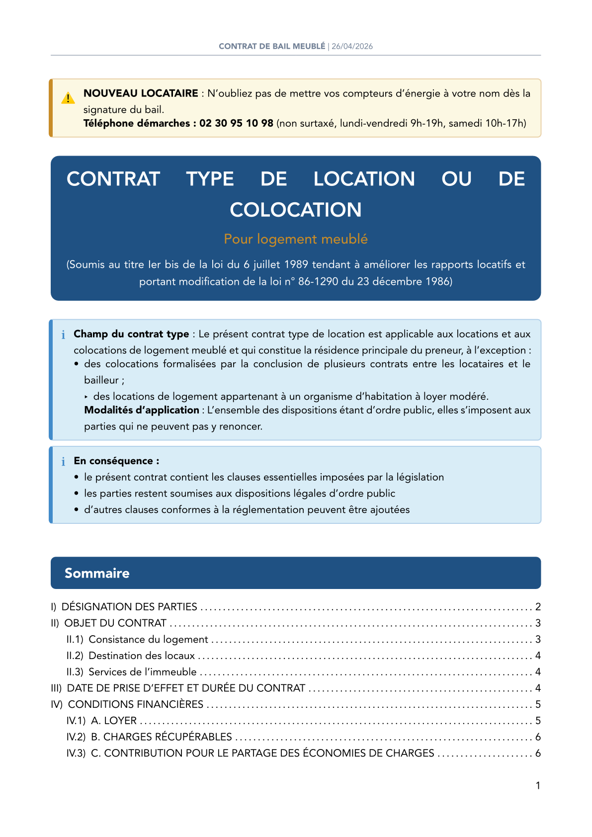 Aperçu du bail mobilité FairePlace : page de garde, sommaire, désignation des parties, mentions ELAN