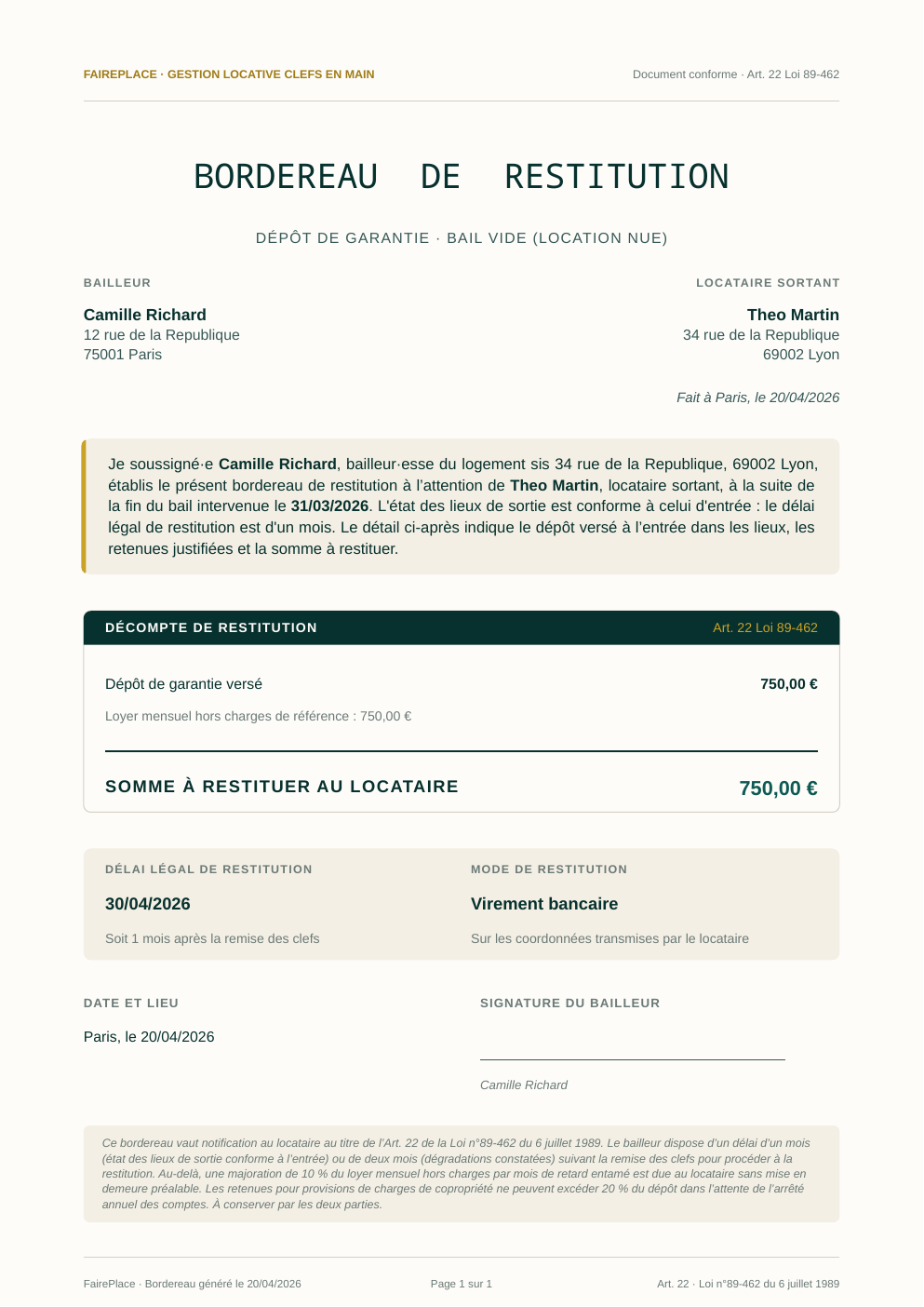 Exemple de bordereau de restitution PDF : identité bailleur et locataire, adresse logement, dépôt collecté 750 €, décompte des retenues, somme à restituer, délai légal au 20 mai 2026, mode virement bancaire, signature bailleur, mentions Art. 22 Loi 89-462.
