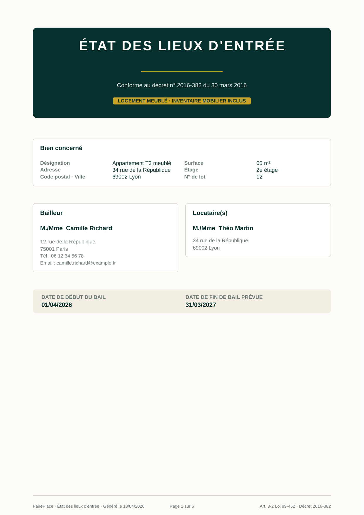 Exemple d'état des lieux PDF : identité bailleur et locataire, logement, tableau compteurs, pièces avec éléments structurels, clefs, observations, signatures, mentions décret 2016-382 et Art. 3-2 Loi 89-462.