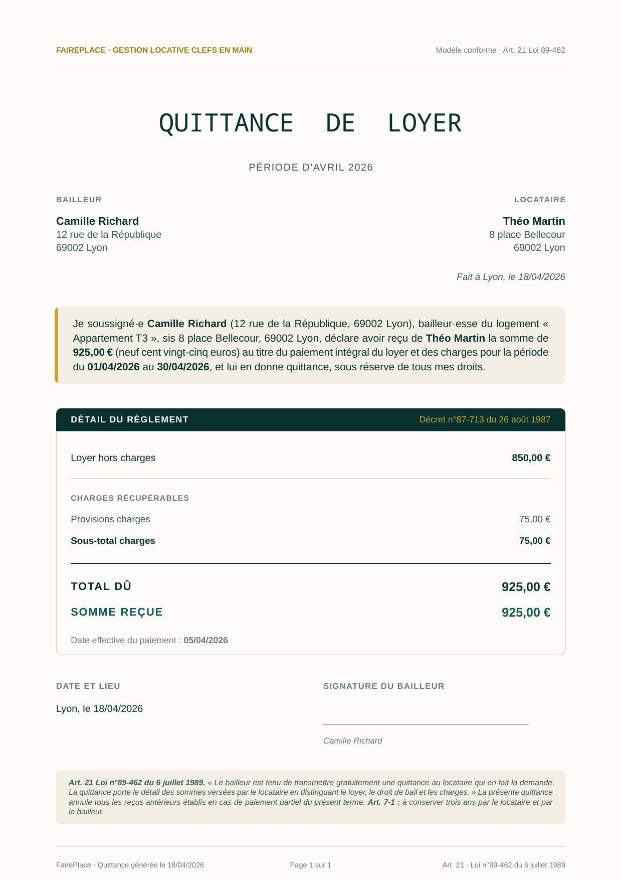 Exemple de quittance de loyer PDF : bailleur, locataire, logement, période, loyer hors charges, provisions charges, total dû, somme reçue, zone de signature, mentions légales Art. 21 et 7-1 Loi 89-462.