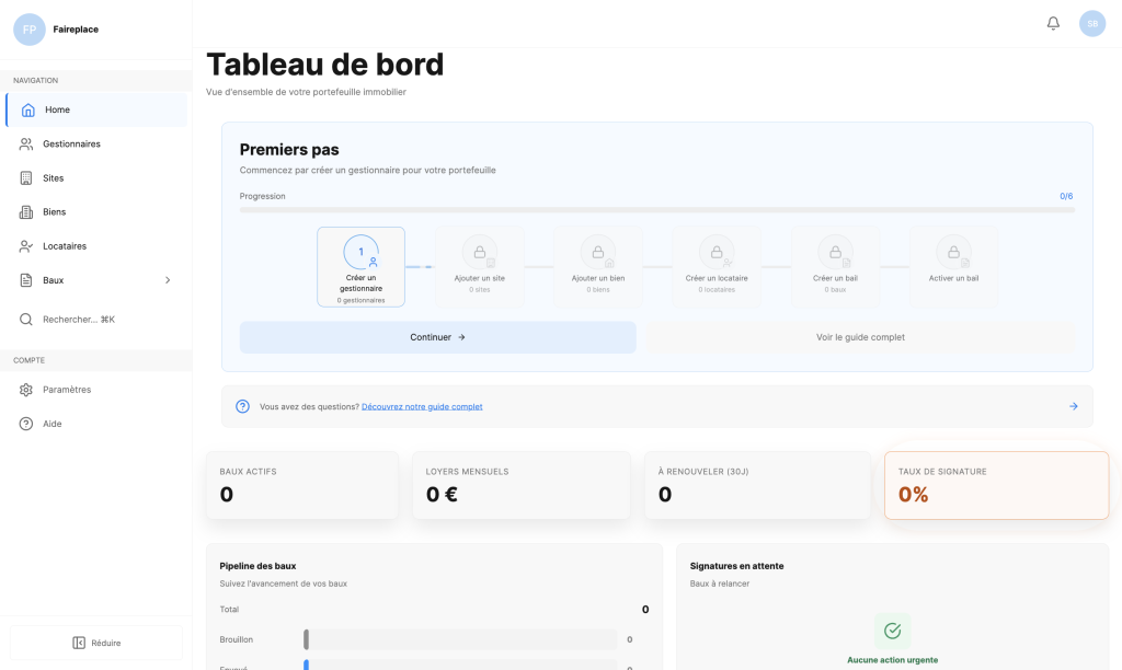 Tableau de bord gestion locative FairePlace avec KPIs, pipeline des baux et assistant premiers pas