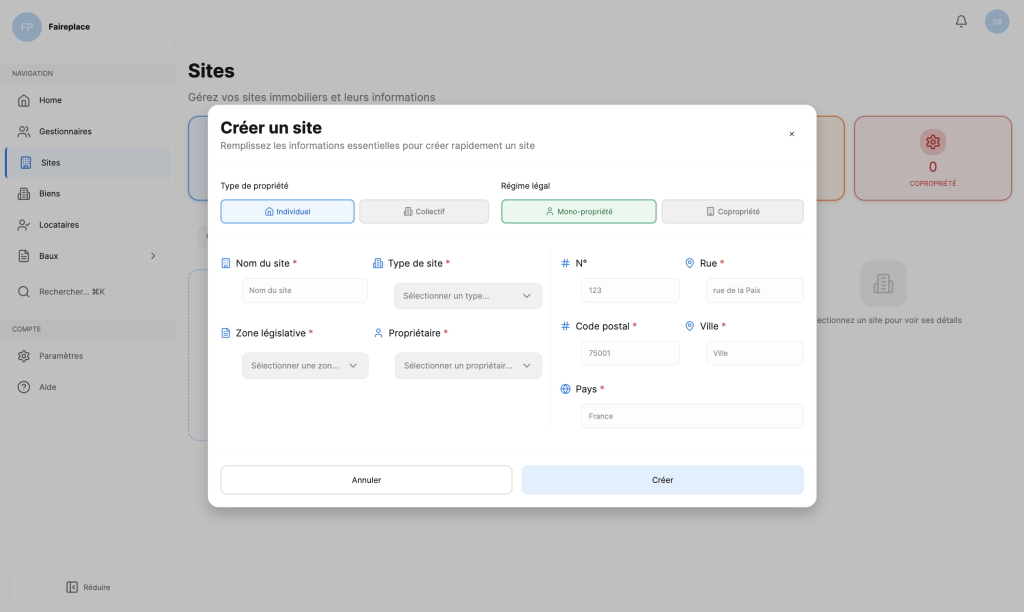 Formulaire de création de site immobilier
