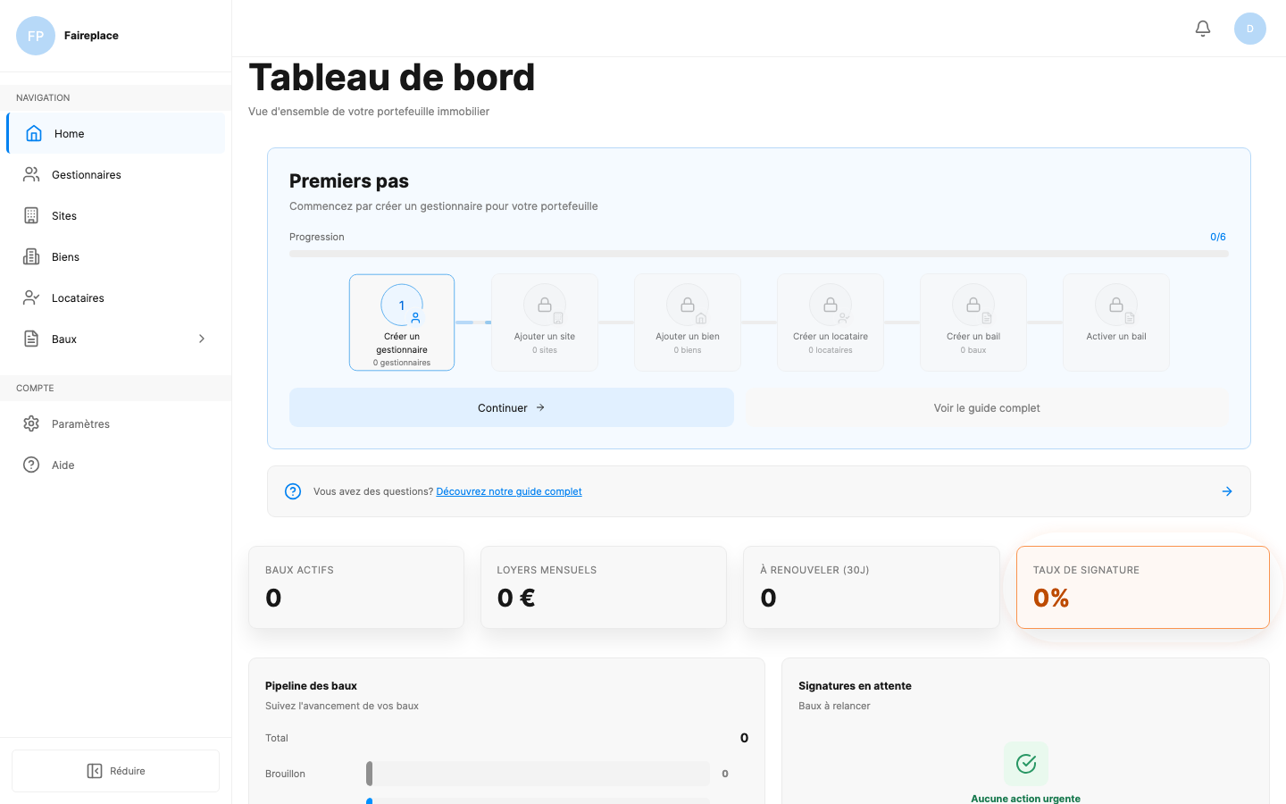 Pipeline des baux sur le tableau de bord FairePlace