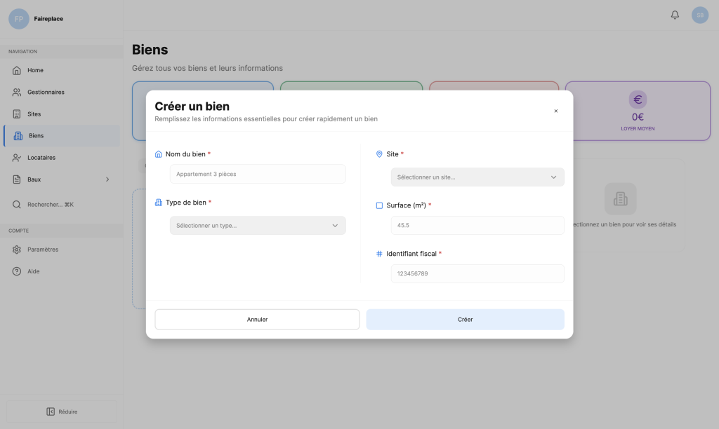 Formulaire de création de bien immobilier