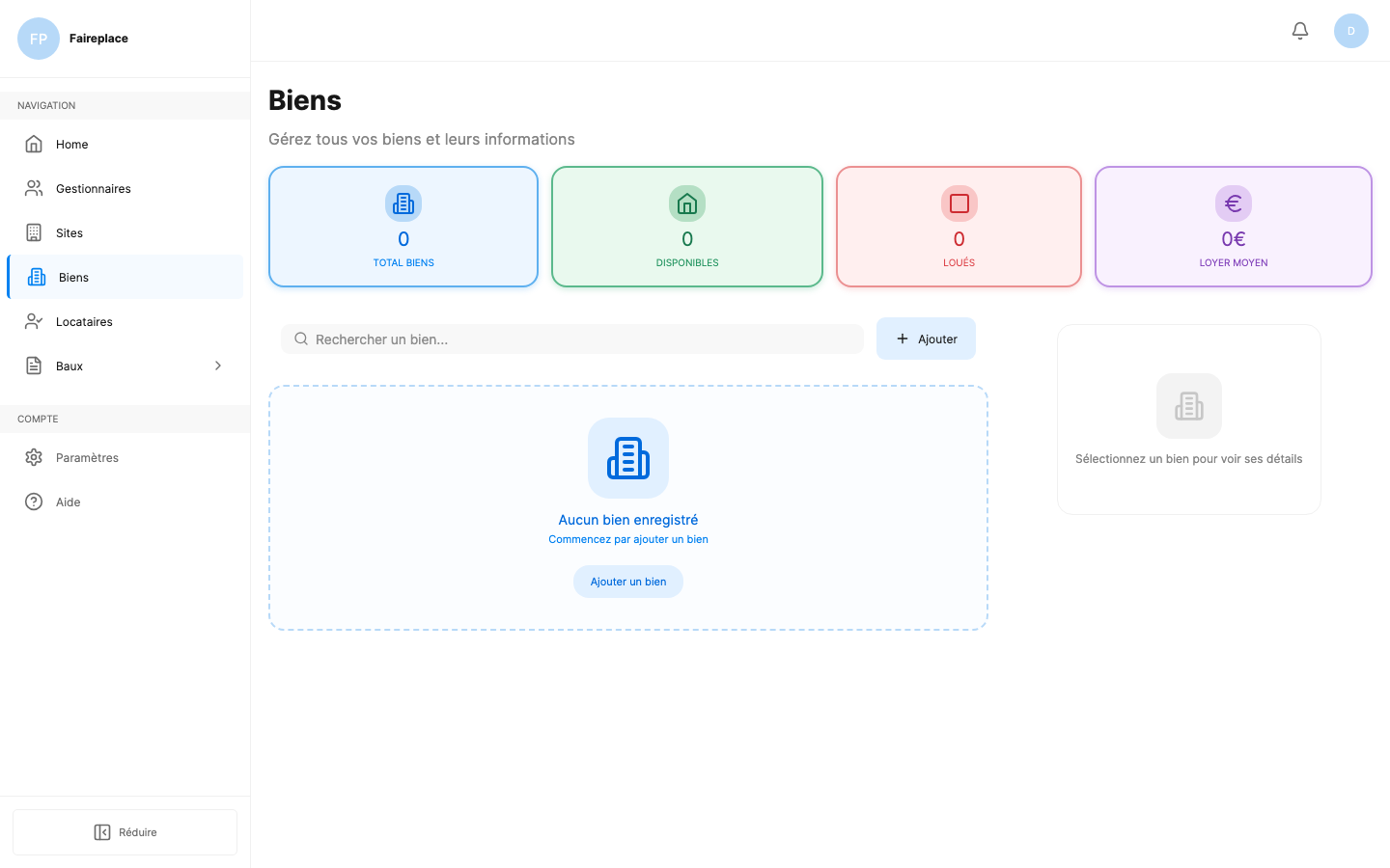Page de gestion des biens immobiliers sur FairePlace