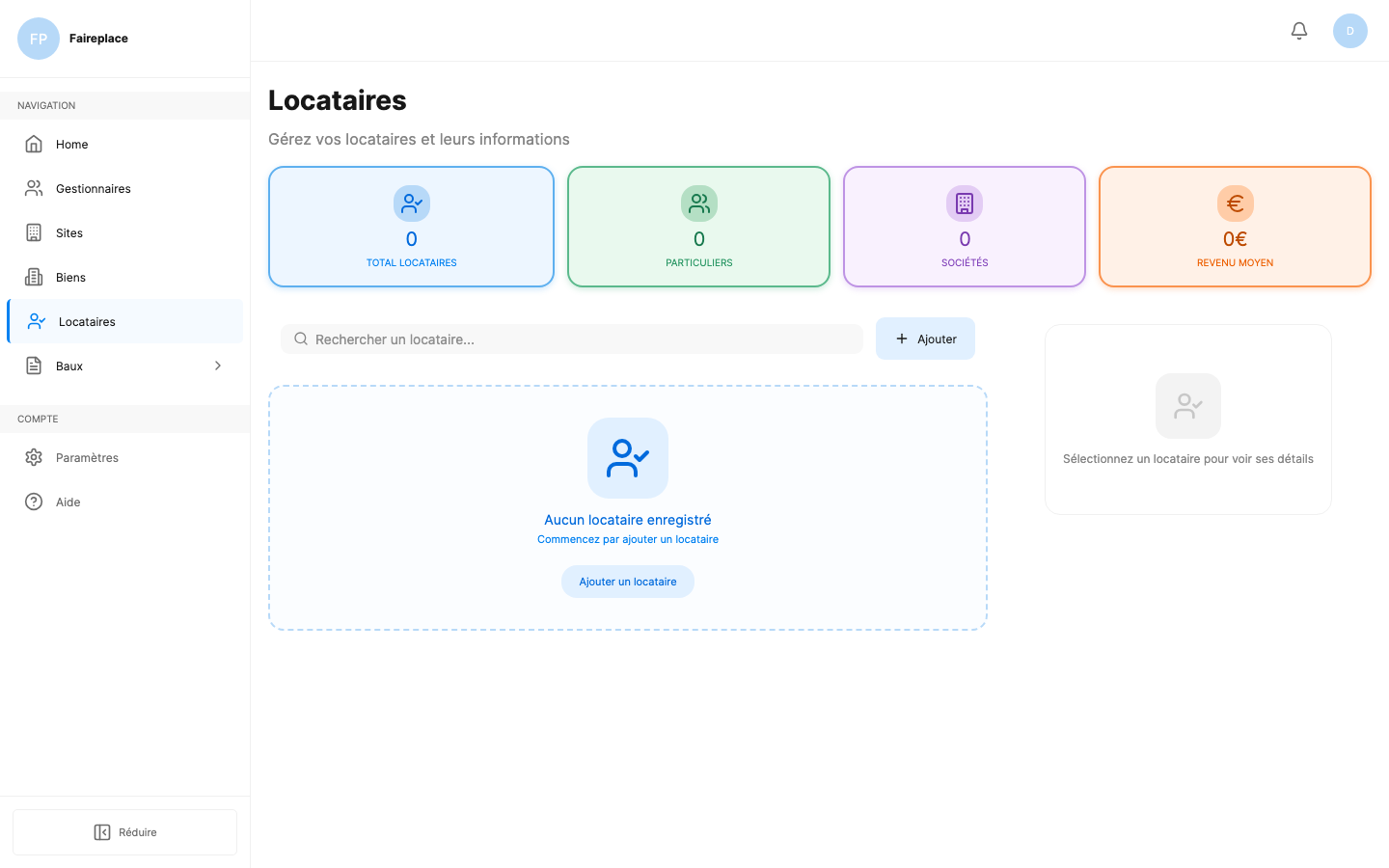 Page de gestion des locataires sur FairePlace
