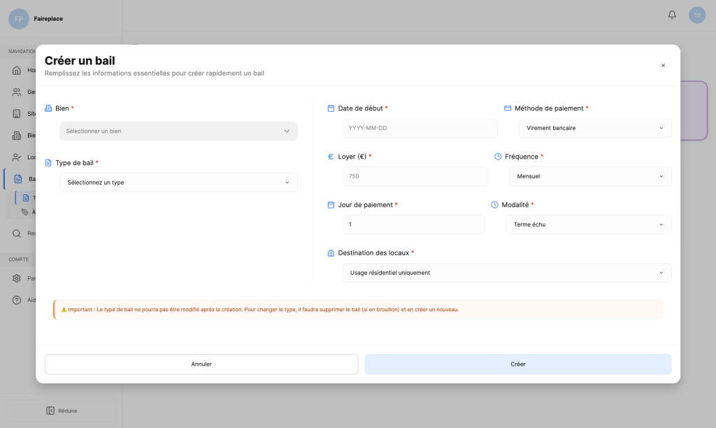 Formulaire de création de bail de location