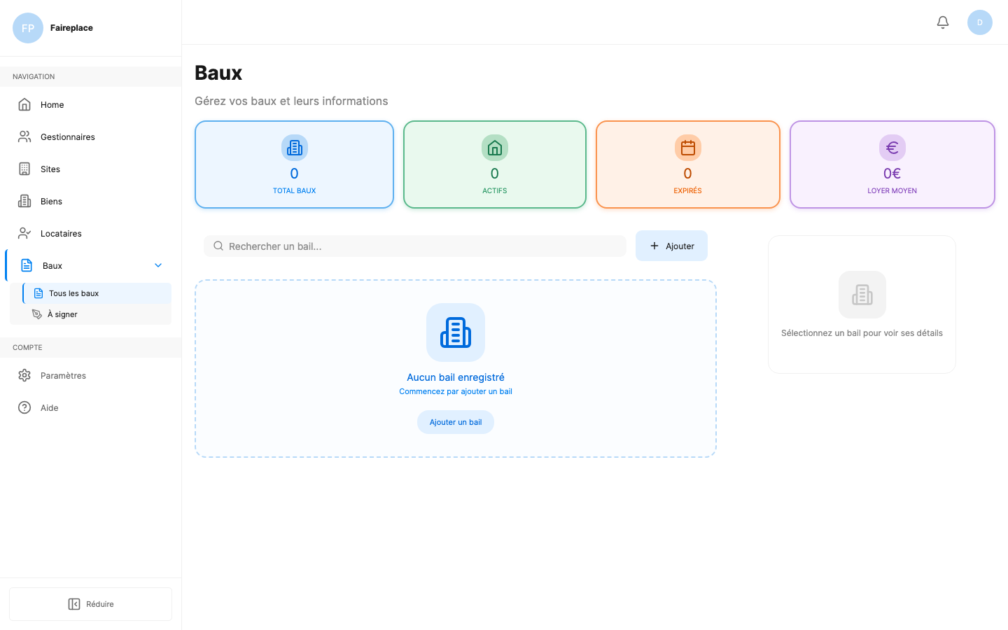 Page de gestion des baux de location sur FairePlace