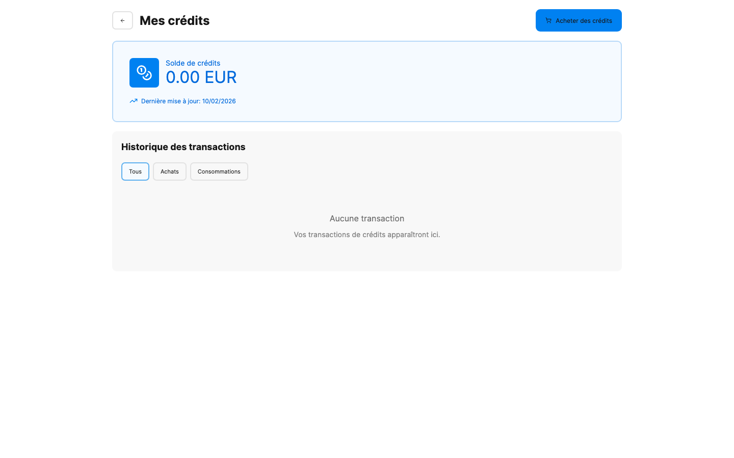 Gestion des crédits et historique des transactions FairePlace