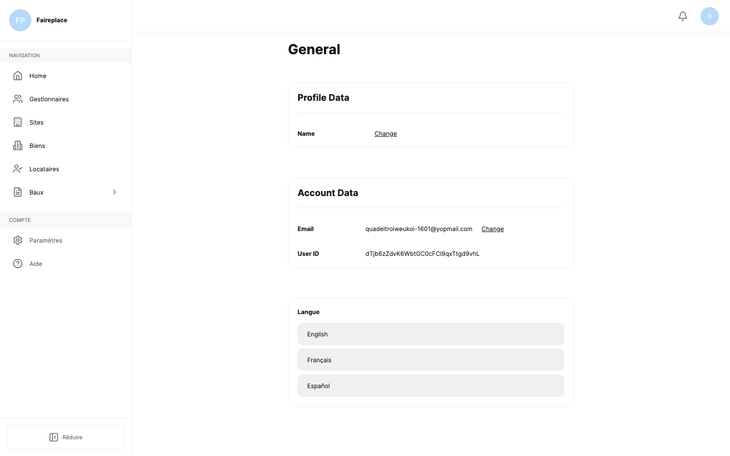 Page des paramètres du compte FairePlace